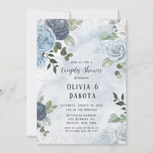 Dusty Blue Waterverf Rustic Floral Couples Shower Kaart (Voorkant)