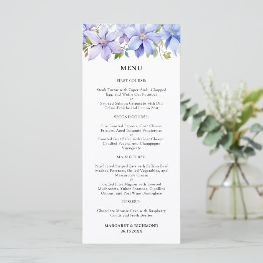 Dusty Blue Waterverf Rustic Floral Wedding Menu (Staand voorkant)
