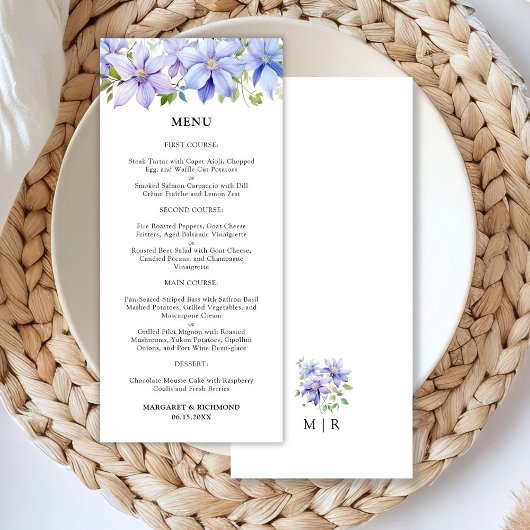 Dusty Blue Waterverf Rustic Floral Wedding Menu