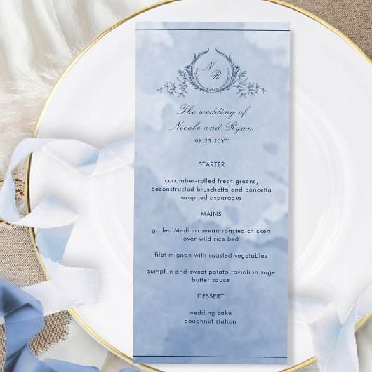Dusty Blue Waterverf Script Monogram Wedding Menu