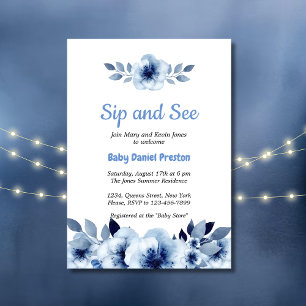 Dusty Blue Waterverf Sip and See Baby shower Kaart