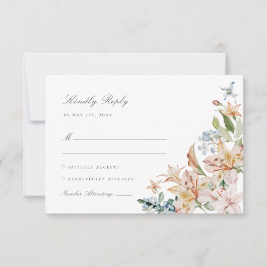 Dusty Blue Waterverf Spring Floral Wedding RSVP Kaartje (Voorkant)