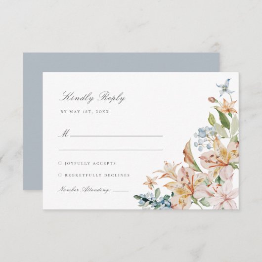 Dusty Blue Waterverf Spring Floral Wedding RSVP Kaartje (Voorkant / Achterkant)