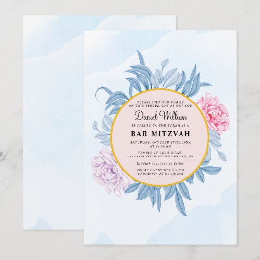 Dusty Blue Waterverf Succulent Bar Bat Mitzvah Kaart (Voorkant / Achterkant)