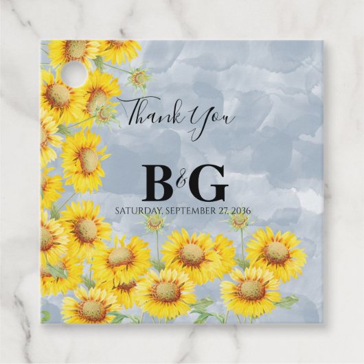 Dusty Blue Waterverf Sunflower Monogram Weddenscha Bedankjes Labels (Voorkant)