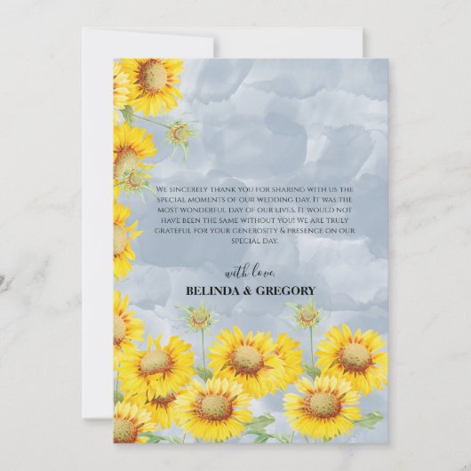Dusty Blue Waterverf Sunflower Monogram Weddenscha Bedankkaart (Voorkant)