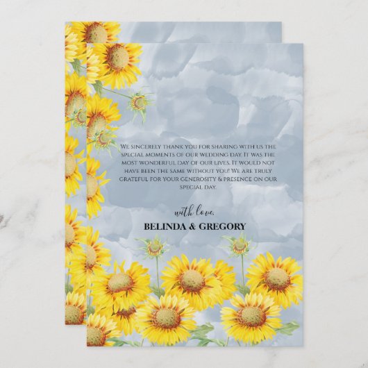 Dusty Blue Waterverf Sunflower Monogram Weddenscha Bedankkaart (Voorkant / Achterkant)