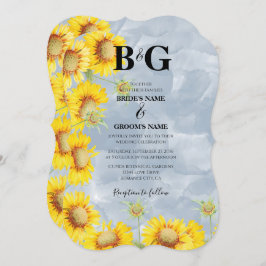 Dusty Blue Waterverf Sunflower Monogram Weddenscha Kaart