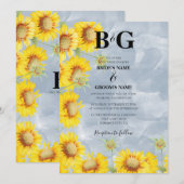 Dusty Blue Waterverf Sunflower Monogram Weddenscha Kaart (Voorkant / Achterkant)