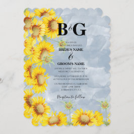 Dusty Blue Waterverf Sunflower Monogram Weddenscha Kaart