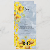 Dusty Blue Waterverf Sunflower Monogram Weddenscha Menu (Voorkant / Achterkant)