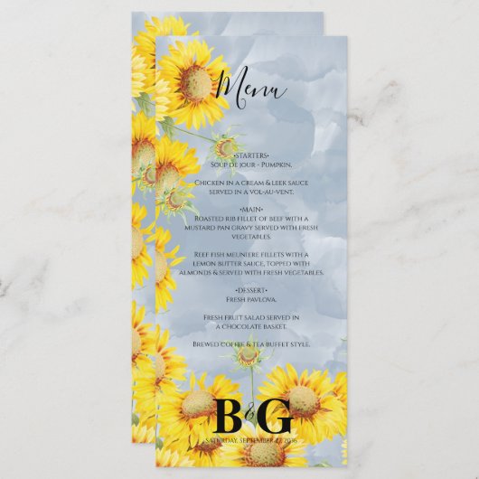 Dusty Blue Waterverf Sunflower Monogram Weddenscha Menu (Voorkant / Achterkant)