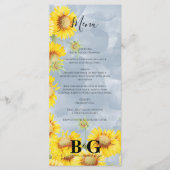 Dusty Blue Waterverf Sunflower Monogram Weddenscha Menu (Voorkant)