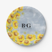 Dusty Blue Waterverf Sunflower Monogram Weddenscha Papieren Bordje (Voorkant)