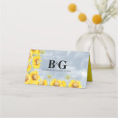 Dusty Blue Waterverf Sunflower Monogram Weddenscha Plaatskaartje (Achterkant)