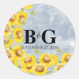 Dusty Blue Waterverf Sunflower Monogram Weddenscha Ronde Sticker