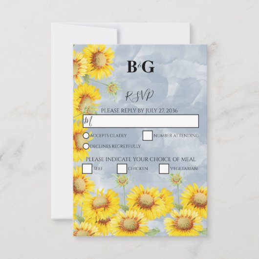 Dusty Blue Waterverf Sunflower Monogram Weddenscha RSVP Kaartje (Voorkant)