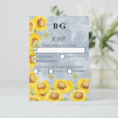 Dusty Blue Waterverf Sunflower Monogram Weddenscha RSVP Kaartje (Staand voorkant)