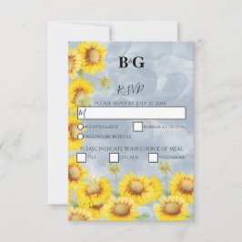 Dusty Blue Waterverf Sunflower Monogram Weddenscha RSVP Kaartje