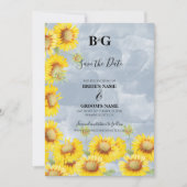 Dusty Blue Waterverf Sunflower Monogram Weddenscha Save The Date (Voorkant)