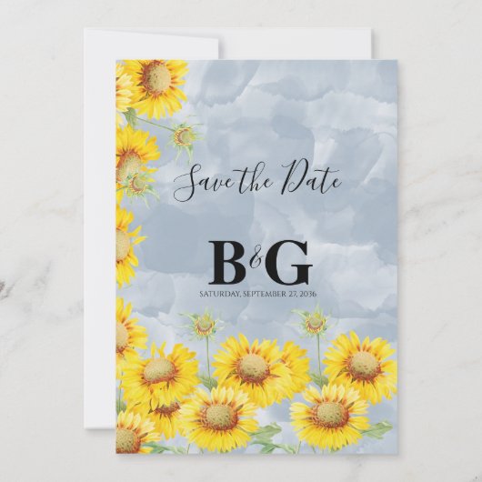 Dusty Blue Waterverf Sunflower Monogram Weddenscha Save The Date (Achterkant)