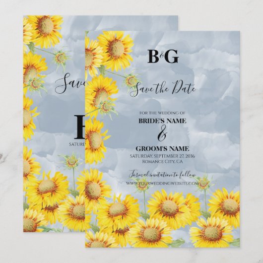 Dusty Blue Waterverf Sunflower Monogram Weddenscha Save The Date (Voorkant / Achterkant)
