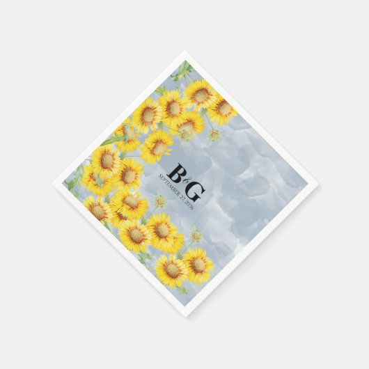 Dusty Blue Waterverf Sunflower Monogram Weddenscha Servet (Hoek)