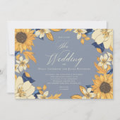 Dusty Blue Waterverf Sunflower Script Wedding Inv Kaart (Voorkant)