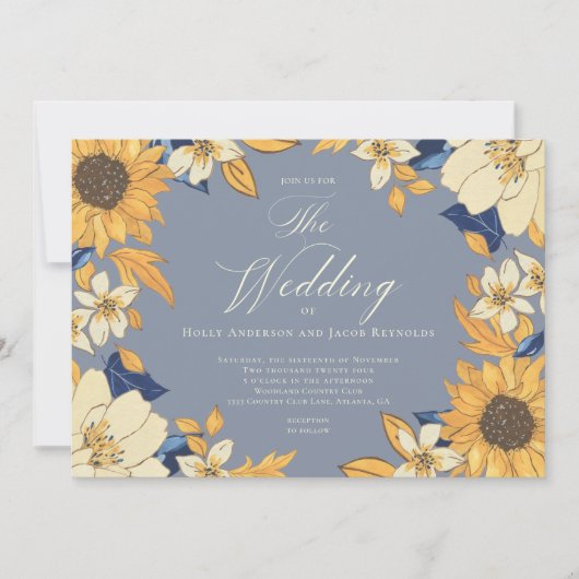 Dusty Blue Waterverf Sunflower Script Wedding Inv Kaart (Voorkant)