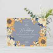 Dusty Blue Waterverf Sunflower Script Wedding Inv Kaart (Staand voorkant)