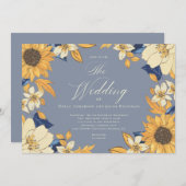 Dusty Blue Waterverf Sunflower Script Wedding Inv Kaart (Voorkant / Achterkant)