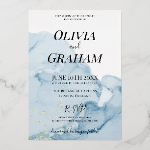 Dusty Blue Waterverf Traditional Gold Invitation Folie Uitnodiging
