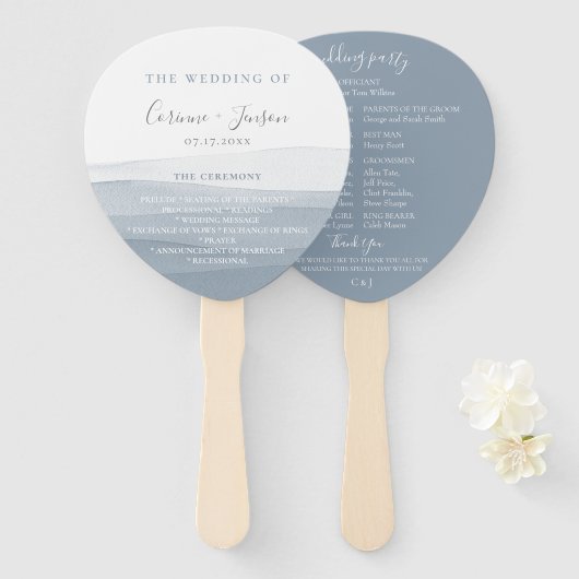 Dusty Blue Waterverf Trouwprogramma Hand Fans Handwaaier (Voorkant en achterkant)