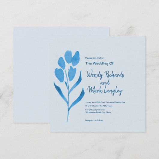 Dusty Blue Waterverf Wedding Invitation Kaart (Voorkant / Achterkant)