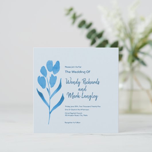 Dusty Blue Waterverf Wedding Invitation Kaart (Staand voorkant)