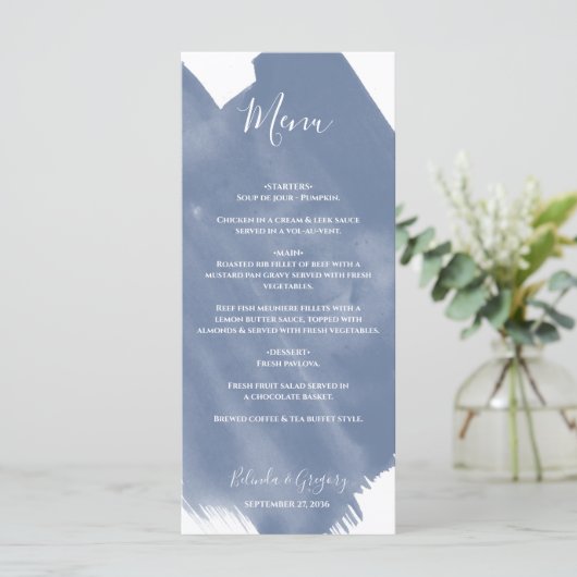Dusty Blue Waterverf Wedding Menu (Staand voorkant)