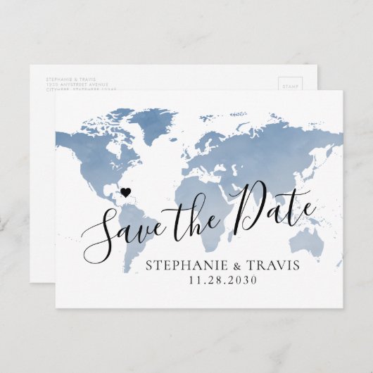 Dusty Blue Waterverf Wereldkaart Sla de datum op Aankondigingskaart (Voorkant / Achterkant)