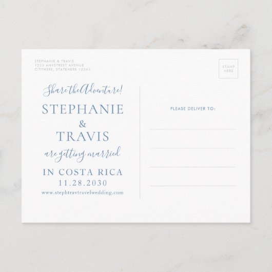 Dusty Blue Waterverf Wereldkaart Sla de datum op Aankondigingskaart (Achterkant)