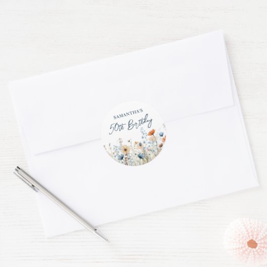 Dusty Blue Waterverf Wildflower 50ste verjaardag Ronde Sticker (Envelop)