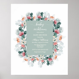 Dusty blue waterverf wildflower baby shower invit poster