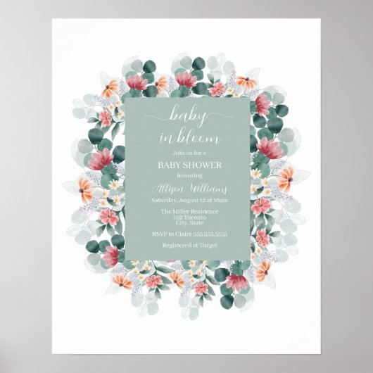 Dusty blue waterverf wildflower baby shower invit poster (Voorkant)