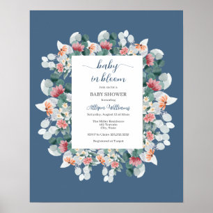 Dusty blue waterverf wildflower baby shower poster