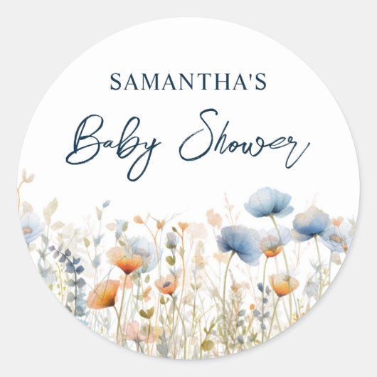 Dusty Blue Waterverf Wildflower Baby shower Ronde Sticker (Voorkant)