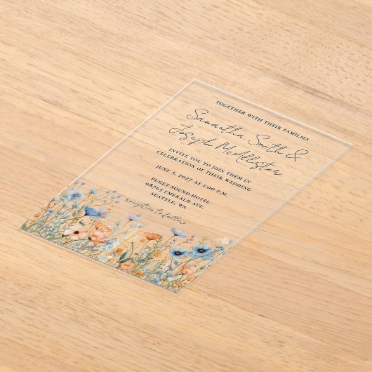 Dusty Blue Waterverf Wildflower bruiloft Acryl Uitnodigingen (Laagn)