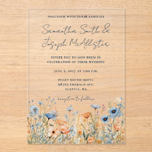 Dusty Blue Waterverf Wildflower bruiloft Acryl Uitnodigingen (Voorkant)