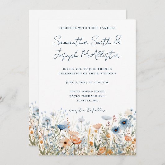 Dusty Blue Waterverf Wildflower bruiloft Kaart (Voorkant / Achterkant)