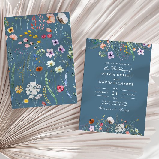 Dusty Blue Waterverf Wildflower Meadow Wedding Kaart