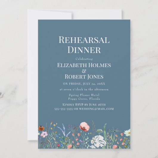 Dusty Blue Waterverf Wildflower repetitie diner Kaart (Voorkant)