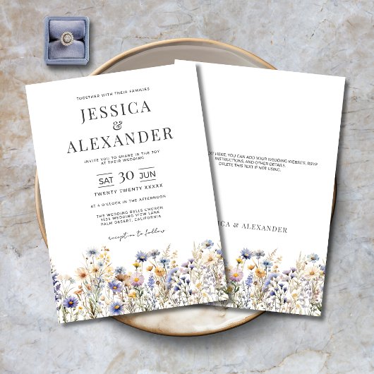 Dusty Blue Waterverf Wildflowers Elegant Wedding Kaart