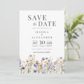 Dusty Blue Waterverf Wildflowers Elegant Wedding Save The Date (Staand voorkant)